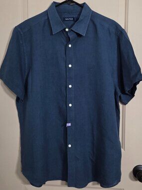 Nautica Blue Button Down Short Sleeve 100% Linen Shirt Sz XL